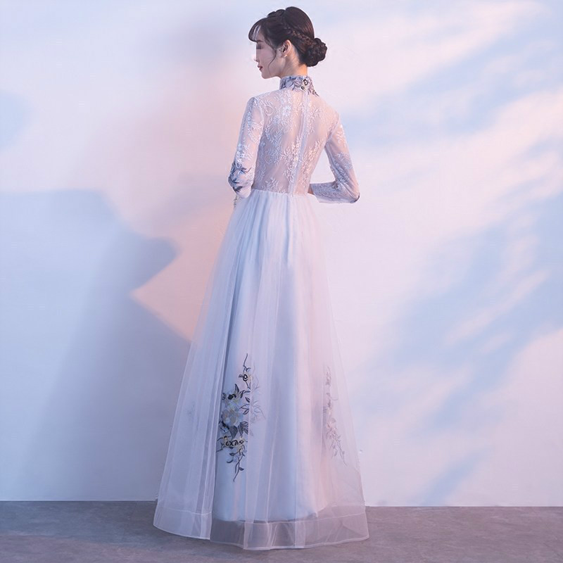 Vintage Lace Wedding dress cheongsam new toast clothing wedding retro fashion bride long autumn v-neck Half Sleeves Flowers Princess Dresses 2018 new