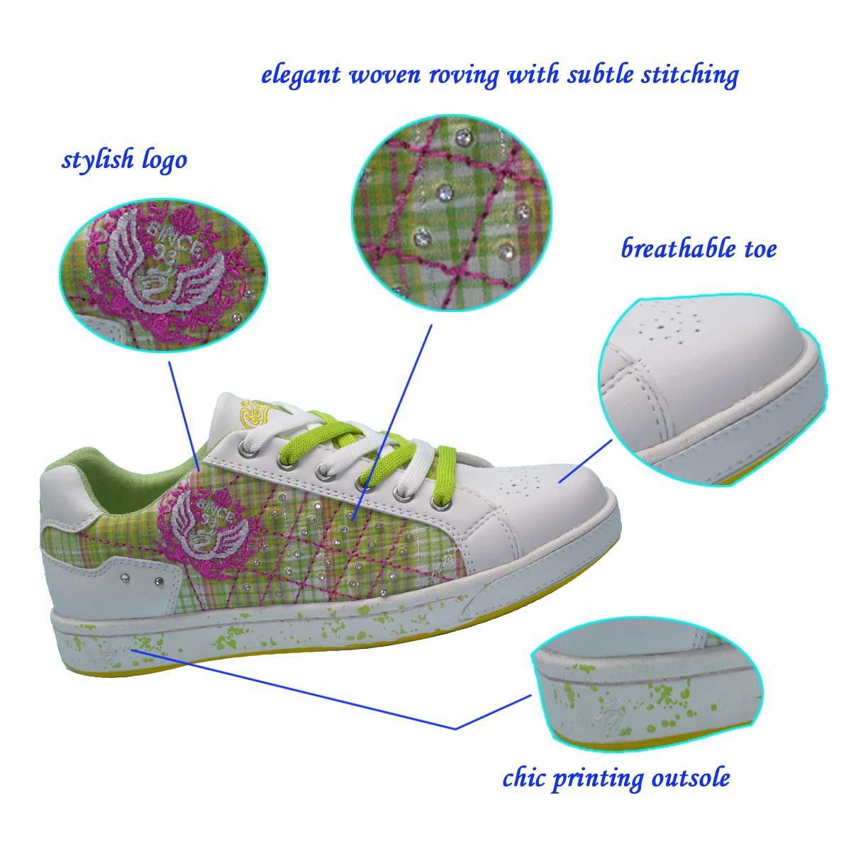 Top Selling Fashionable Woman's Green Skate Shoes with Smart Crystal and Stylish Canvas Upper