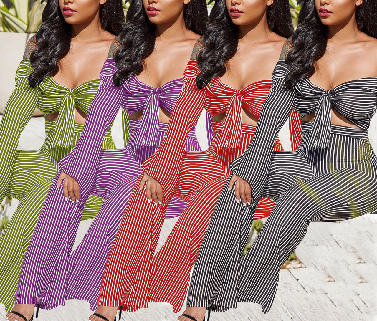 Stripe Two Piece Set Women Fashion Long Sleeves Crop Tops And Long Wide Leg Pants Sexy Suit Female 2 Pieces Sets European and American women's 2018 NEW Hot