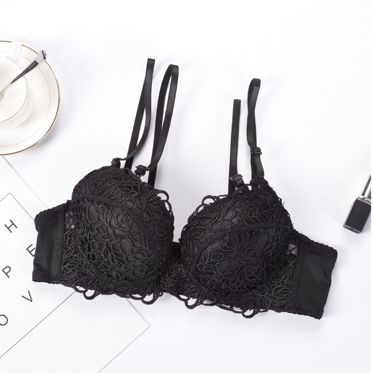 sexy girl lace bra set steel ring deep V sexy small chest lace thin ...