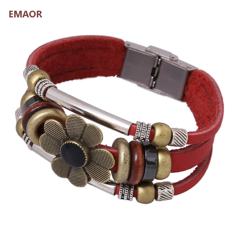 2018 Men's& Women 's Leather Bracelet Bead Bangle charm Cuff Sunflower Hand Chain Alloy Retro wholesale