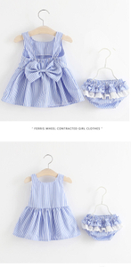 Solid Color Bow Behind Stripe Dresses with Pants 2018 new summer 2 Piece Sets O-Neck Sleeveless Children Clothing Girls Set 