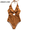 One-piece Swimsuits Yellow Solid Falbala V Neck Ruffle Sexy Monokini Ladies Beach Bathing Suits
