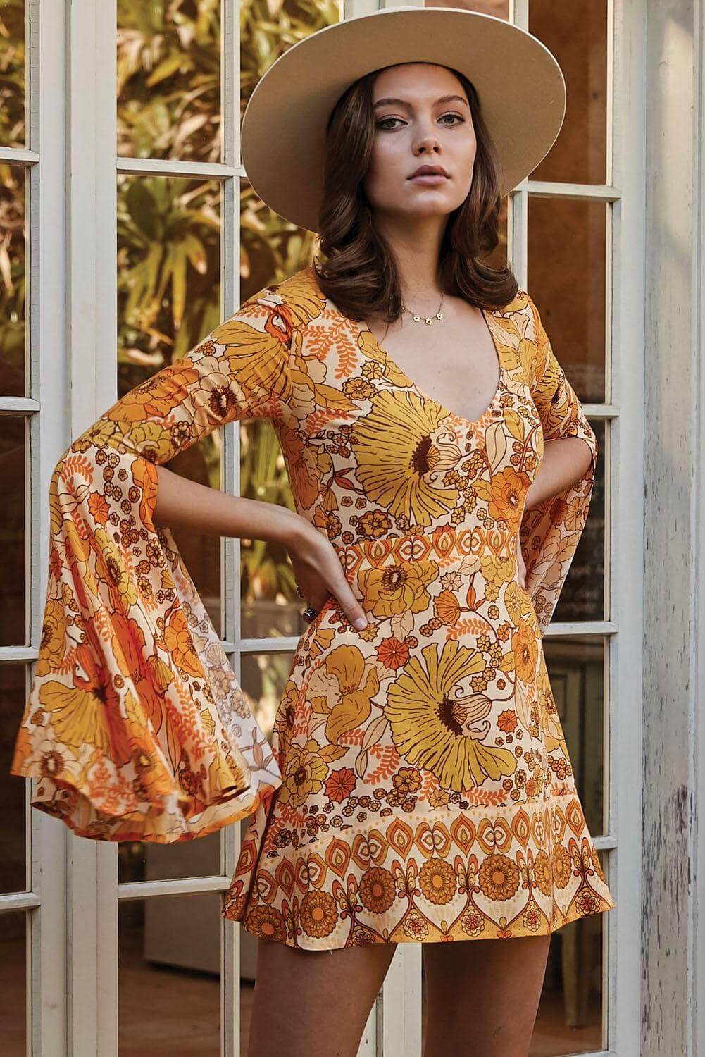  Mid-Calf Print Dress Orange Jupiter Dress Wholesale Floral Dresses