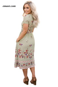  Dresses Short Sleeve Dresses Sage Green Floral Print Faux Wrap Midi Dress Midi Dresses Boho Dresses
