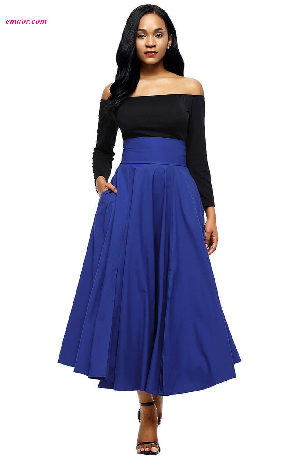  Retro High Waist Pleated Belted Hot Maxi Skirt on Sale