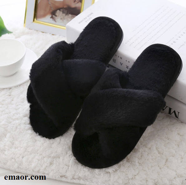 Women Home Slippers with Faux Fur Winter Fashion Classic Warm Shoes Black Pink Woman Non-slip Slippers