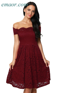 A Line Summer Dresses Wine Scalloped Of Shouldefr Flared Lace Dresses Barn Closing Lady Gaga Meat Dresses