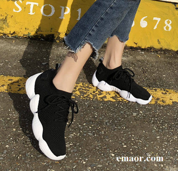Women's Flyknit Shoes Luxury Casual Fashion Sneakers Flat Platform Flyknit Stretch Fabric Ladies Shoes New Mesh Lace-up High Quality Sneakers