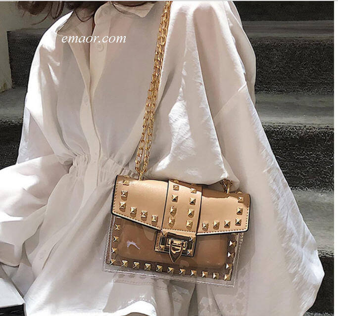 Small Clear Brand Messenger Bag Chains Shoulder Bag Female Rivets Transparent Square PU Handbag Crossbody Bags