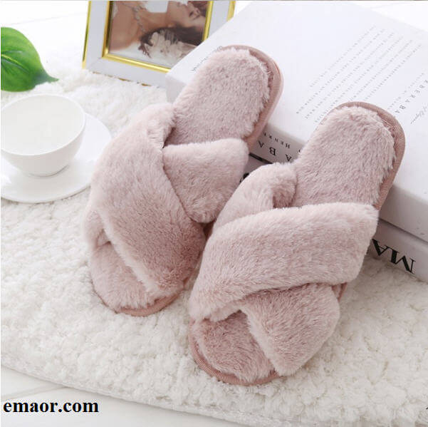 Women Home Slippers with Faux Fur Winter Fashion Classic Warm Shoes Black Pink Woman Non-slip Slippers