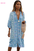  Wholesale Floral Dresses Sky Blue Three-Quarter Sleeve Mid-Calf Print Dress