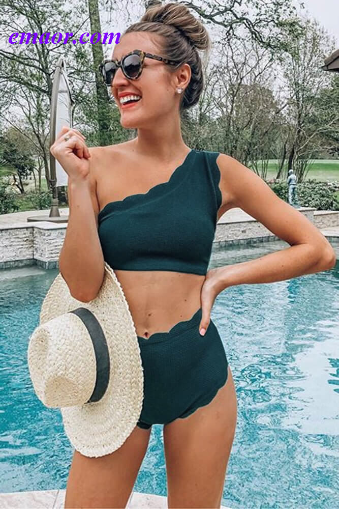 Swimsuit Brand Black High Waist Scalloped Trim One Shoulder Bikini Swimsuit Malaysia Limbo Swimsuit Fail