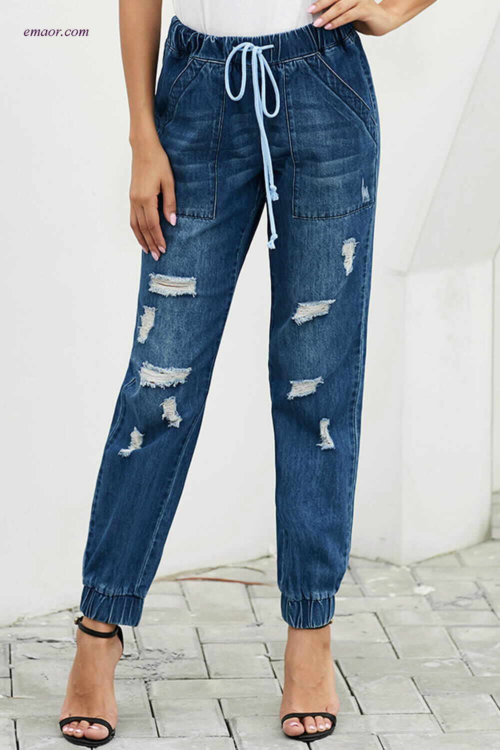 Wholesale Best Girl Distress Drawstring Pocketed Joggers Ripped Jeans on Sale