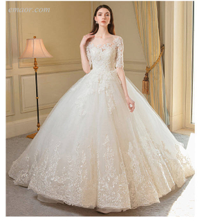 Best O- Neck Wedding Dress Luxury Lace Half Sleeve Lace Up Princess Wedding Gowns