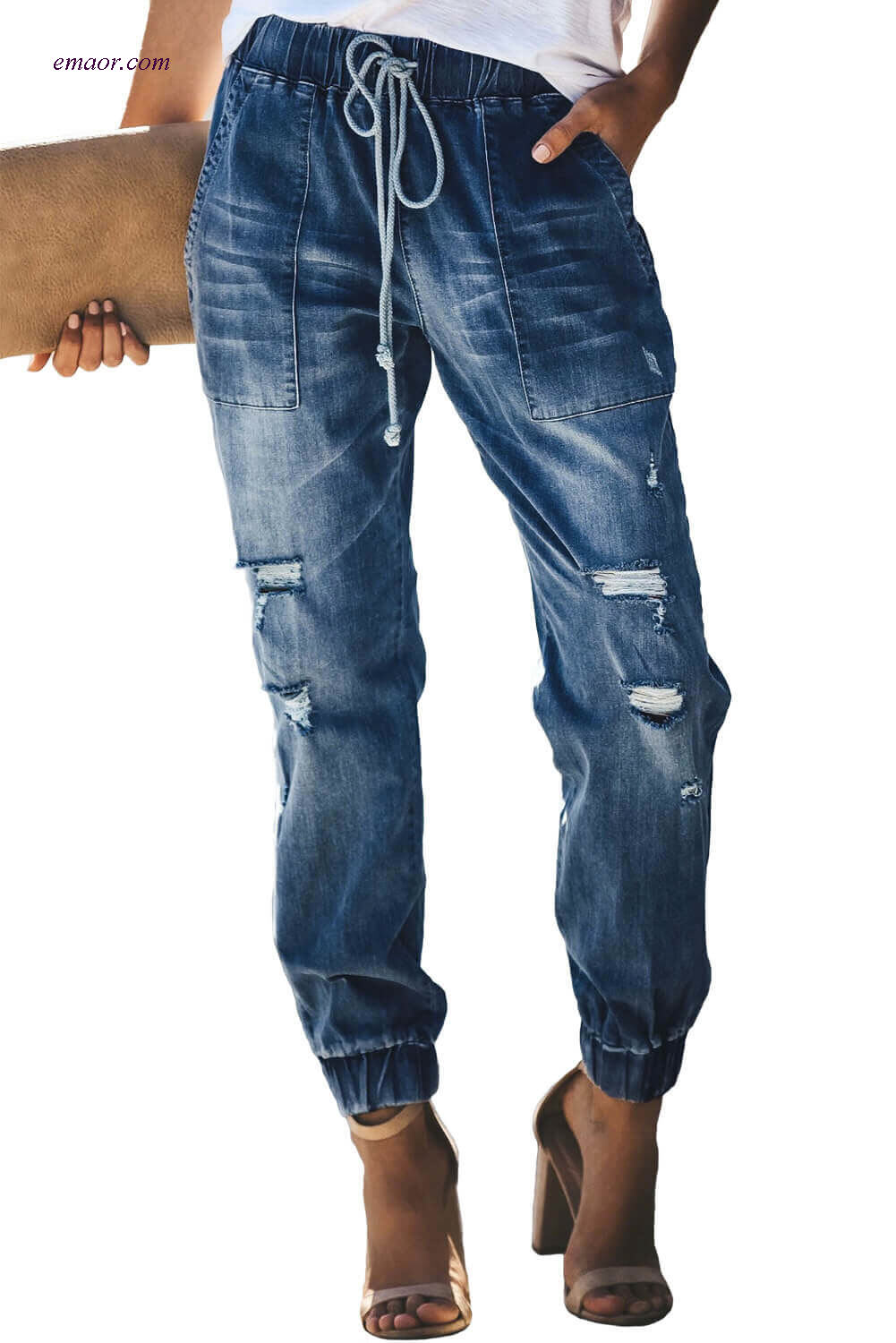 Wholesale Best Girl Distress Drawstring Pocketed Joggers Ripped Jeans on Sale