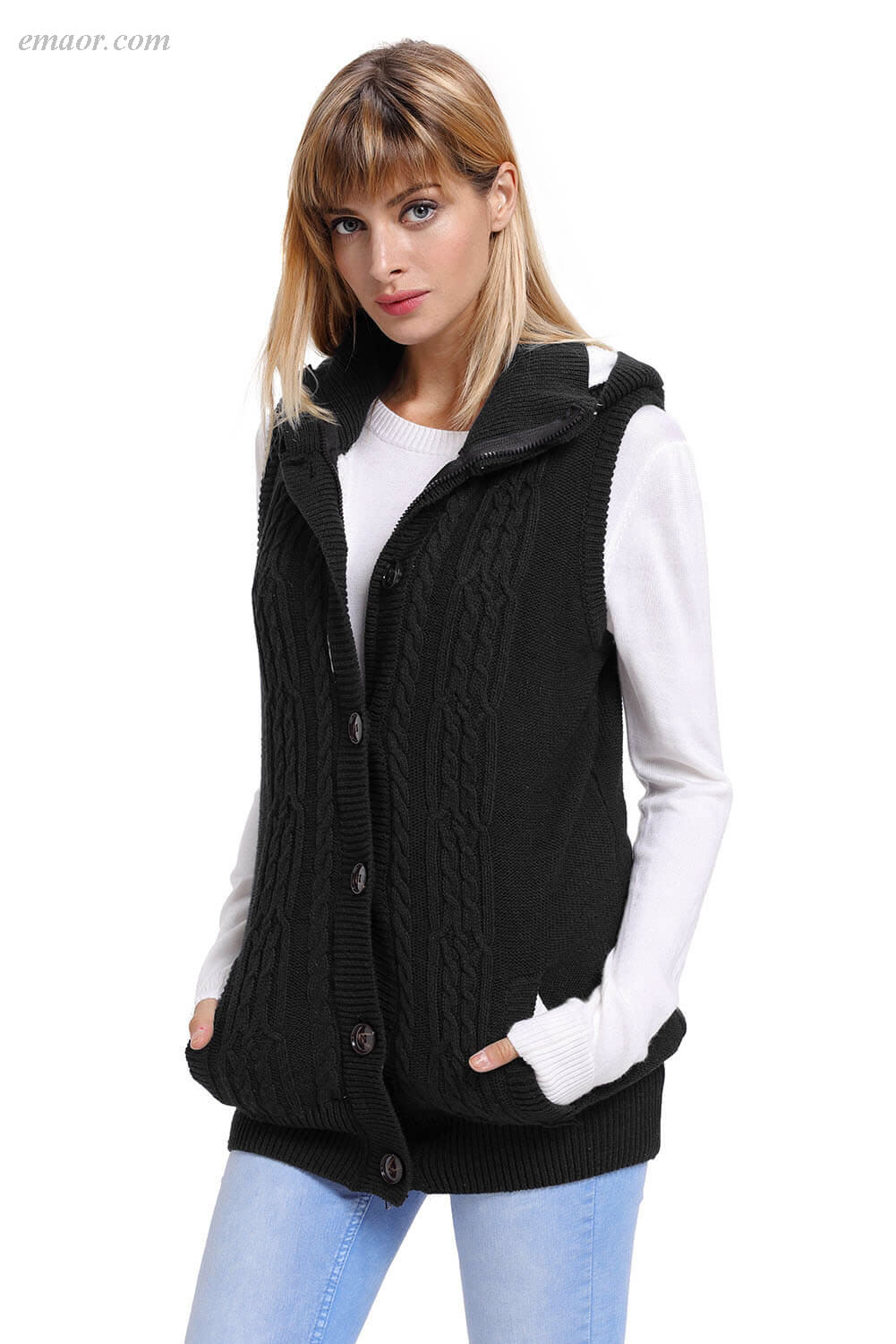 Women's Heated Types of Outerwear Heather Grey Cable Knit Hooded Sweater Vest