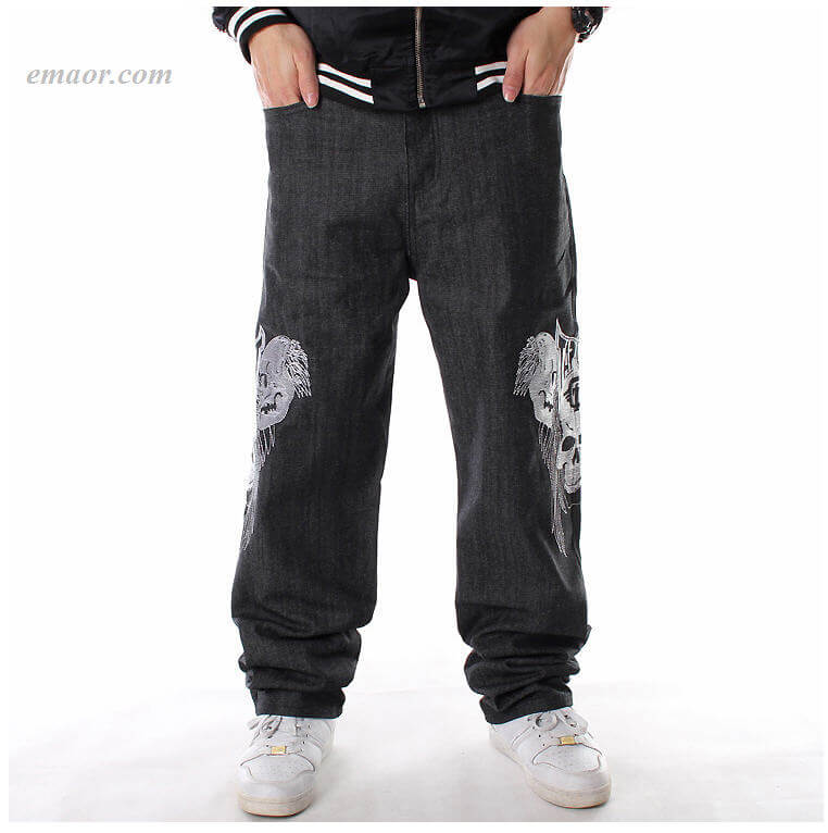 HIPHOP Jeans Men's Embroidery Skull Straight Loose Casual Skate Pants in Extra Size on Sale
