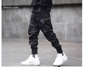 Men's Ribbons Color Block Black Pocket Cargo Pants Joggeousers on Sale