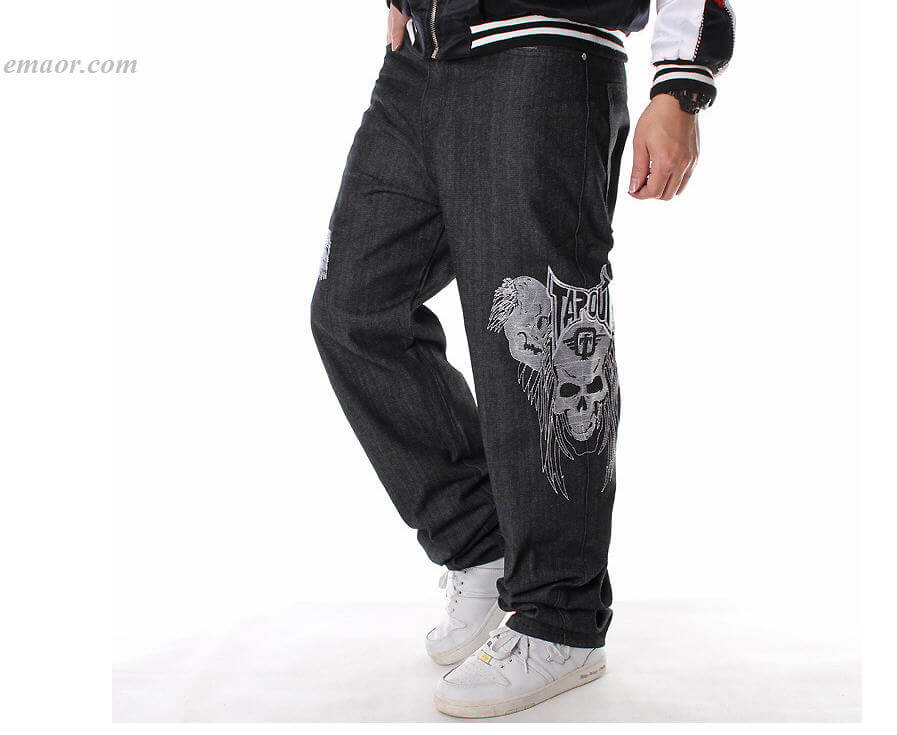 HIPHOP Jeans Men's Embroidery Skull Straight Loose Casual Skate Pants in Extra Size on Sale